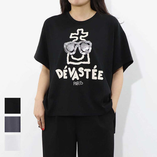 デヴァステ DEVASTEE トップス Tシャツ・カットソー レディース ブラック グレー ホワイト コットン ポリエステル スパン プリント キャラクター ロゴ ヘムトップス アシメトップス 半袖 R3FWTP013