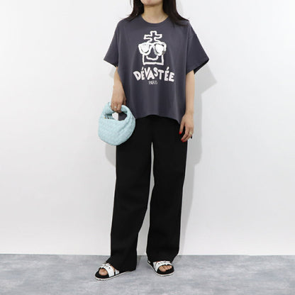 デヴァステ DEVASTEE トップス Tシャツ・カットソー レディース ブラック グレー ホワイト コットン ポリエステル スパン プリント キャラクター ロゴ ヘムトップス アシメトップス 半袖 R3FWTP013
