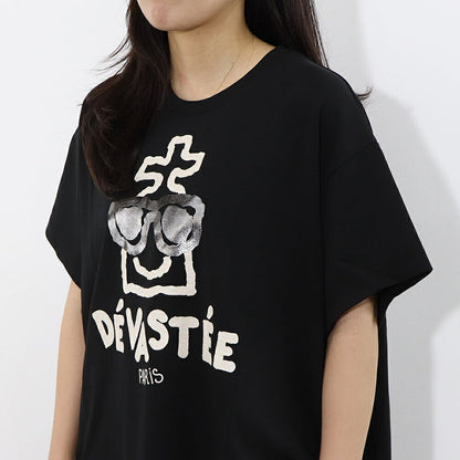 デヴァステ DEVASTEE トップス Tシャツ・カットソー レディース ブラック グレー ホワイト コットン ポリエステル スパン プリント キャラクター ロゴ ヘムトップス アシメトップス 半袖 R3FWTP013