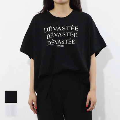 デヴァステ DEVASTEE トップス Tシャツ・カットソー レディース ブラック ホワイト コットン ロゴプリント ヘムトップス アシメトップス シンプル 半袖 R3FWTP017