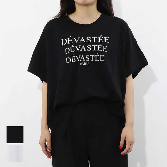 デヴァステ DEVASTEE トップス Tシャツ・カットソー レディース ブラック ホワイト コットン ロゴプリント ヘムトップス アシメトップス シンプル 半袖 R3FWTP017