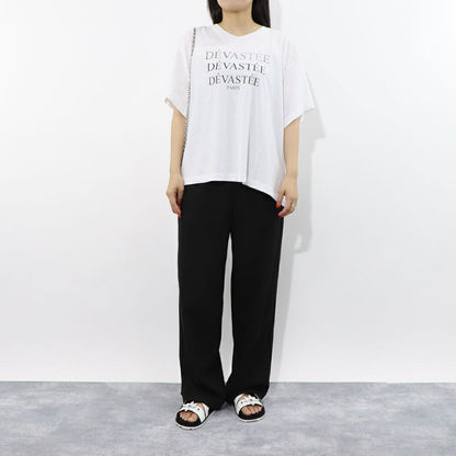 デヴァステ DEVASTEE トップス Tシャツ・カットソー レディース ブラック ホワイト コットン ロゴプリント ヘムトップス アシメトップス シンプル 半袖 R3FWTP017