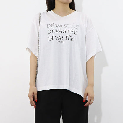 デヴァステ DEVASTEE トップス Tシャツ・カットソー レディース ブラック ホワイト コットン ロゴプリント ヘムトップス アシメトップス シンプル 半袖 R3FWTP017
