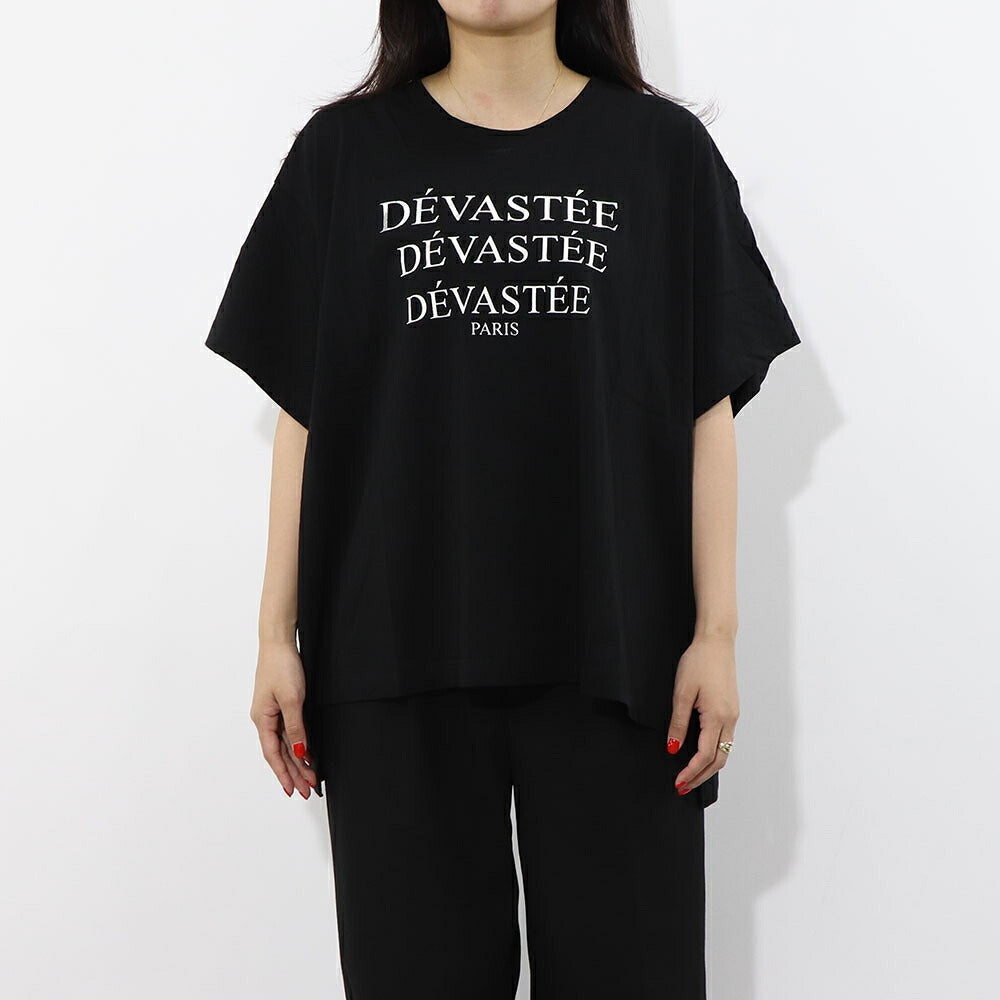 デヴァステ DEVASTEE トップス Tシャツ・カットソー レディース ブラック ホワイト コットン ロゴプリント ヘムトップス アシメトップス シンプル 半袖 R3FWTP017