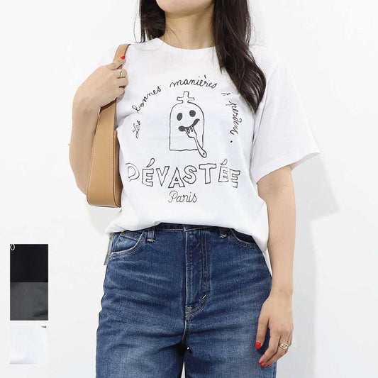 デヴァステ DEVASTEE トップス Tシャツ・カットソー レディース ブラック グレー ホワイト コットン ロゴ プリント キャラクター クルーネック 丸襟 お化けモチーフ 半袖 R3FWTP023