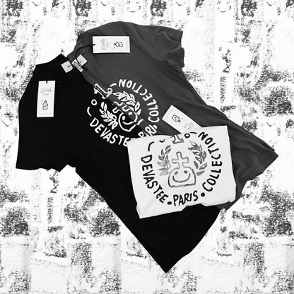 デヴァステ DEVASTEE トップス Tシャツ・カットソー レディース ブラック グレー ホワイト コットン ロゴ プリント キャラクター クルーネック 丸襟 半袖 R3SMTP015