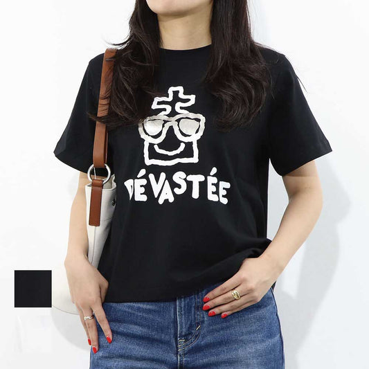 デヴァステ DEVASTEE トップス Tシャツ・カットソー レディース ブラック ホワイト コットン エラスタン ロゴ プリント キャラクター クルーネック 丸襟 半袖 R3SMTP020