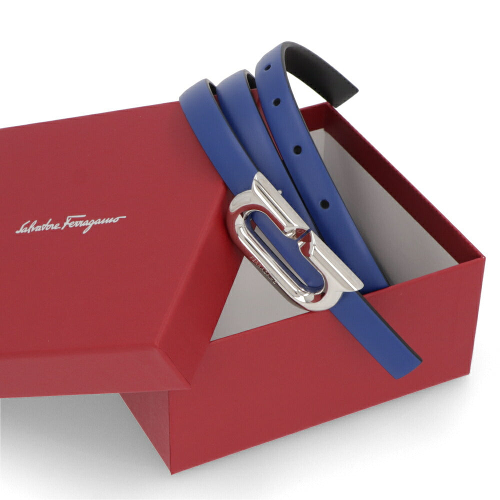 FERRAGAMO ベルト リバーシブルベルト ブルー カーフレザー  シルバー金具 230278 764448