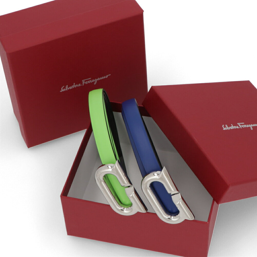 FERRAGAMO ベルト リバーシブルベルト ブルー カーフレザー  シルバー金具 230278 764448