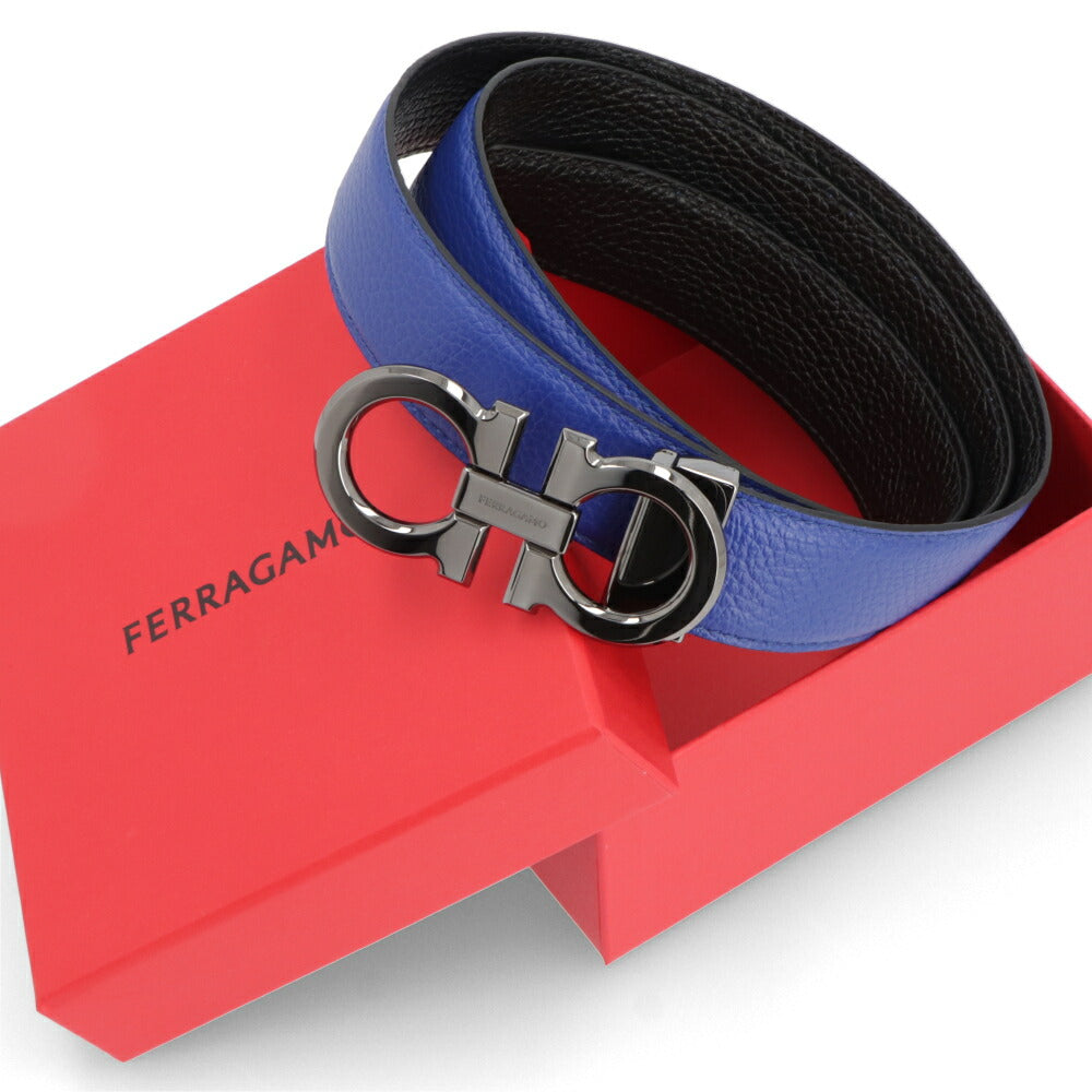 FERRAGAMO ベルト ブルー×ブラック ガンチーニ リバーシブル 679710 0764159