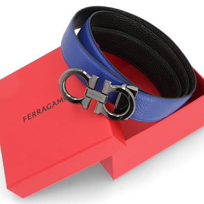FERRAGAMO ベルト ブルー×ブラック ガンチーニ リバーシブル 679710 0764159