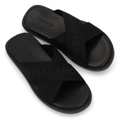 FERRAGAMO サンダル ブラック コットン スリッパ M FENICE TEX 0763204