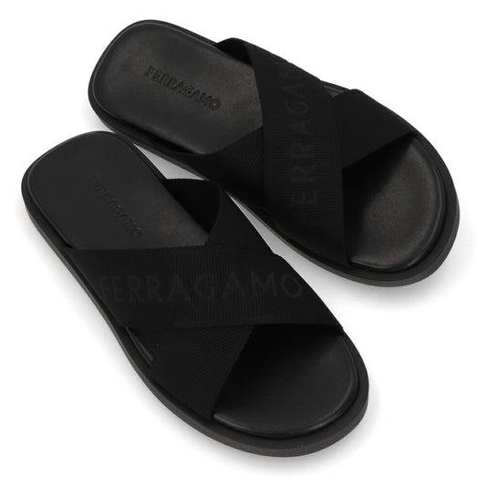 FERRAGAMO サンダル ブラック コットン スリッパ M FENICE TEX 0763204