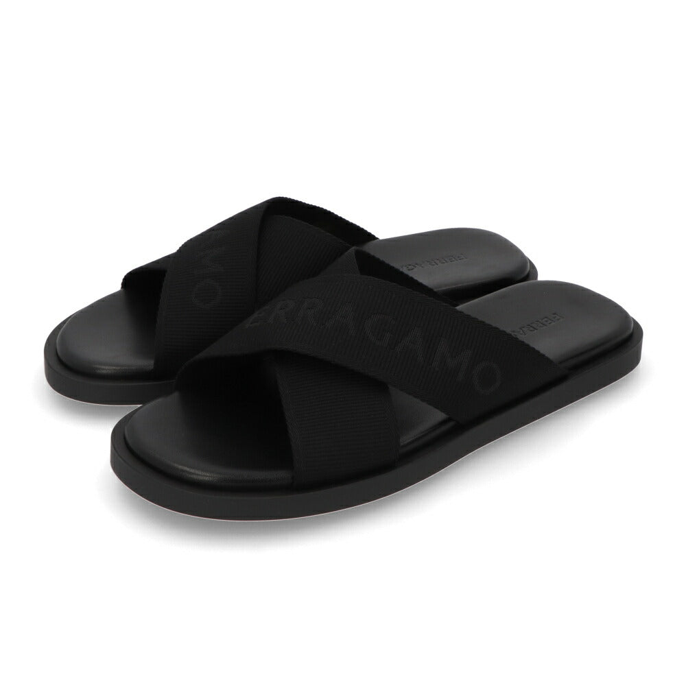FERRAGAMO サンダル ブラック コットン スリッパ M FENICE TEX 0763204