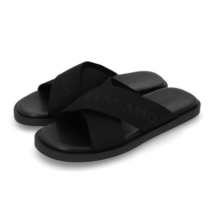 FERRAGAMO サンダル ブラック コットン スリッパ M FENICE TEX 0763204