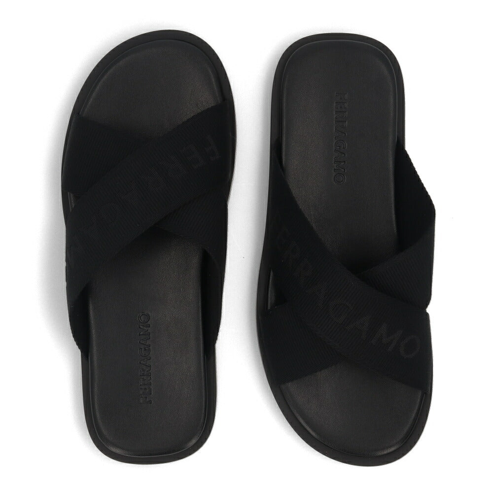 FERRAGAMO サンダル ブラック コットン スリッパ M FENICE TEX 0763204