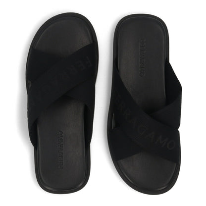 FERRAGAMO サンダル ブラック コットン スリッパ M FENICE TEX 0763204