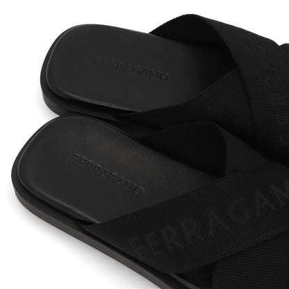 FERRAGAMO サンダル ブラック コットン スリッパ M FENICE TEX 0763204