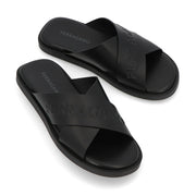 FERRAGAMO サンダル ブラック カーフレザー フラットサンダル ロゴ M CAIO RES 774329
