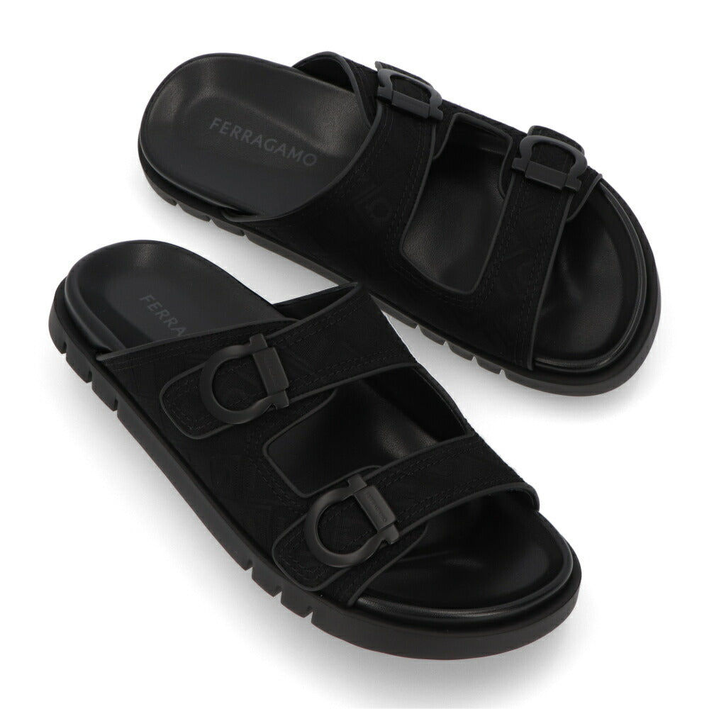 FERRAGAMO ブラック コンフォートサンダル ダブルストラップ ガンチーニ ジャガード M COLLY JCQ 775573