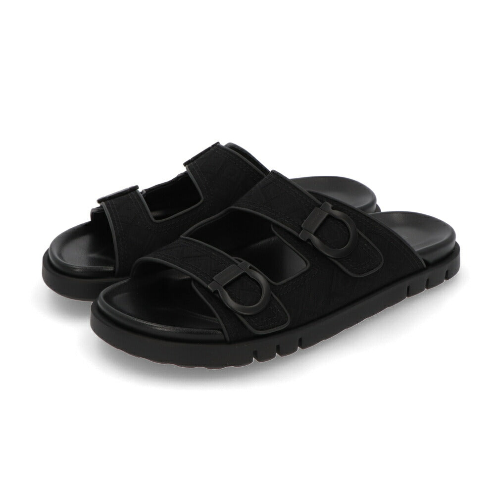 FERRAGAMO ブラック コンフォートサンダル ダブルストラップ ガンチーニ ジャガード M COLLY JCQ 775573