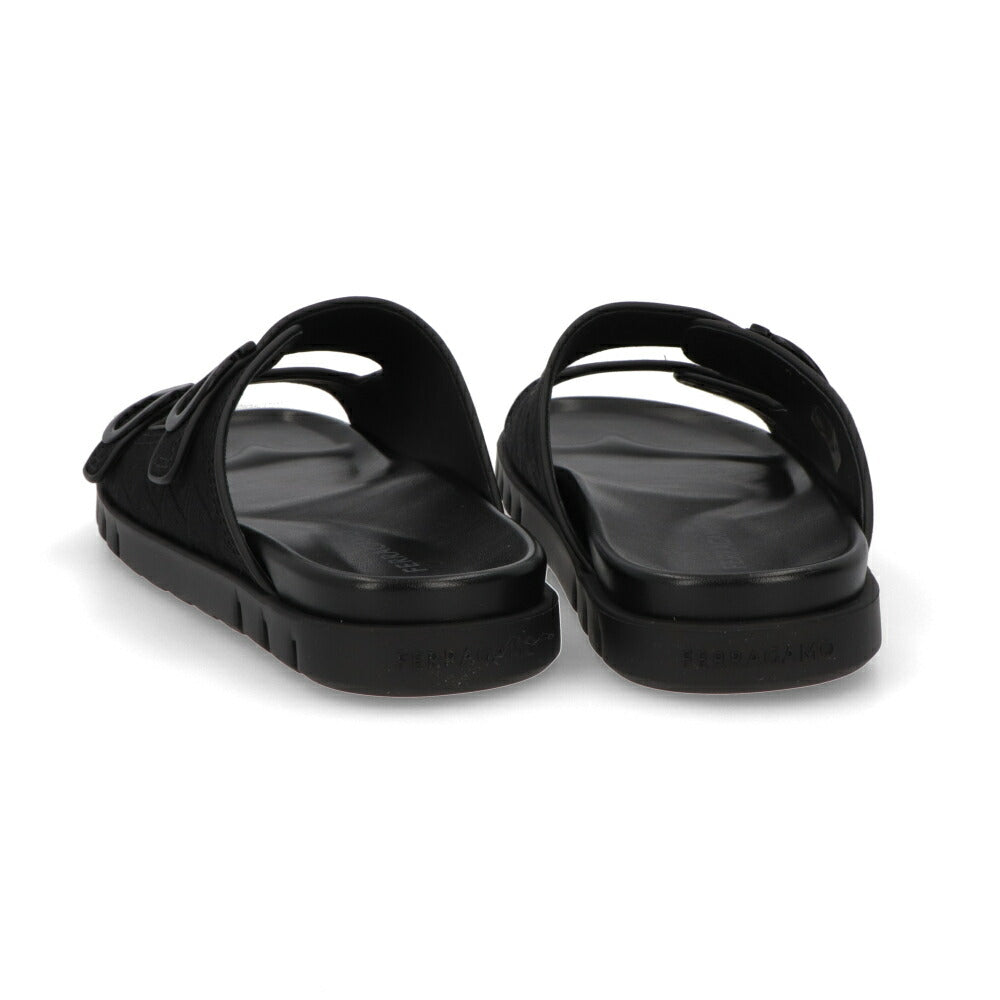 FERRAGAMO ブラック コンフォートサンダル ダブルストラップ ガンチーニ ジャガード M COLLY JCQ 775573
