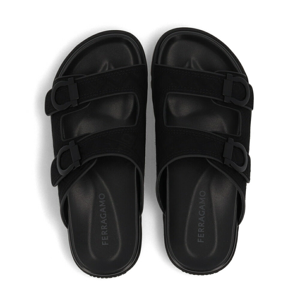 FERRAGAMO ブラック コンフォートサンダル ダブルストラップ ガンチーニ ジャガード M COLLY JCQ 775573