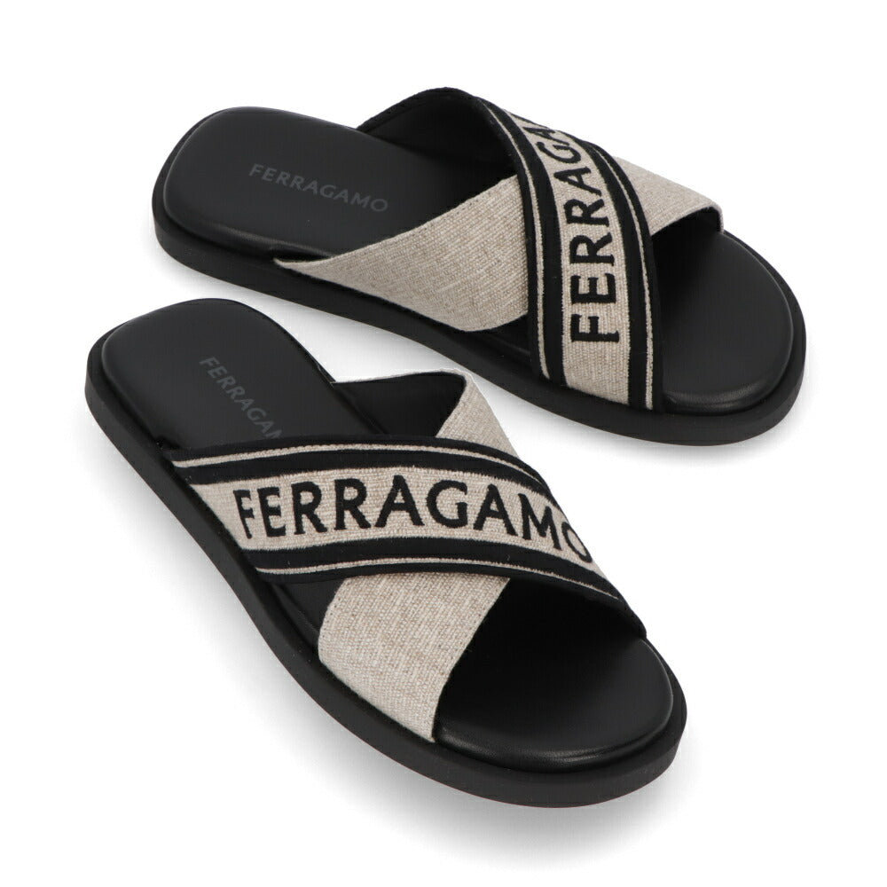 FERRAGAMO サンダル ブラック×ベージュ カーフスキン キャンバス クロスバンド フラット M CAIO 1 RES 773762