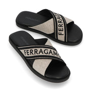 FERRAGAMO サンダル ブラック×ベージュ カーフスキン キャンバス クロスバンド フラット M CAIO 1 RES 773762
