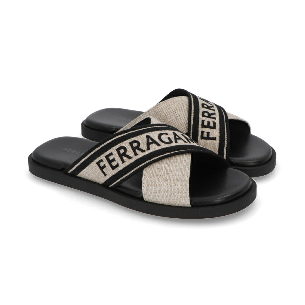 FERRAGAMO サンダル ブラック×ベージュ カーフスキン キャンバス クロスバンド フラット M CAIO 1 RES 773762