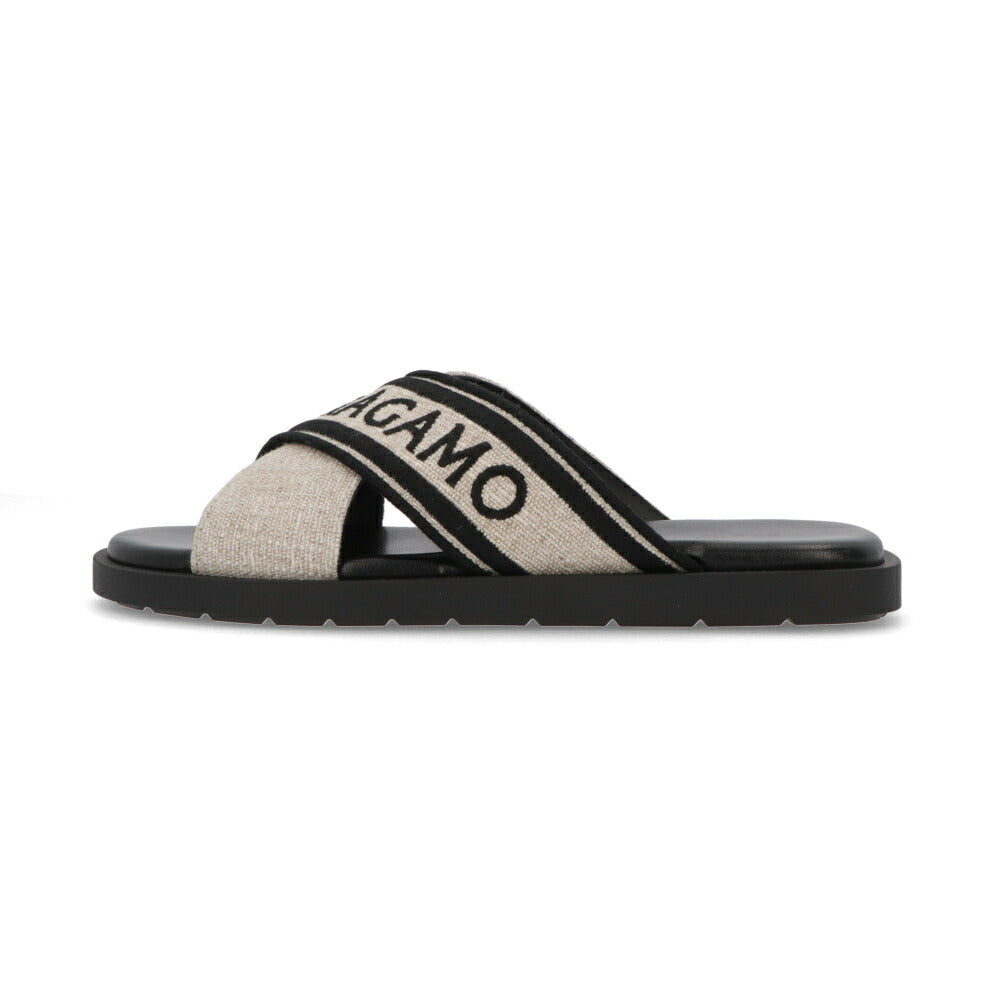 FERRAGAMO サンダル ブラック×ベージュ カーフスキン キャンバス クロスバンド フラット M CAIO 1 RES 773762