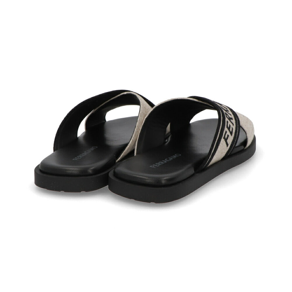 FERRAGAMO サンダル ブラック×ベージュ カーフスキン キャンバス クロスバンド フラット M CAIO 1 RES 773762