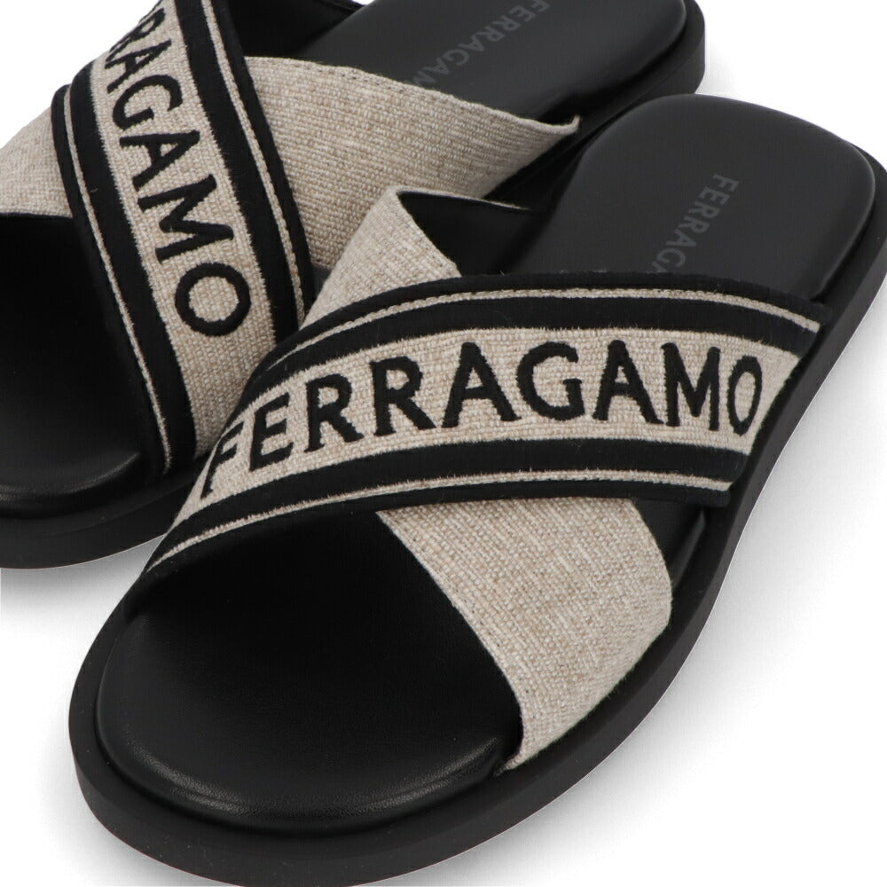 FERRAGAMO サンダル ブラック×ベージュ カーフスキン キャンバス クロスバンド フラット M CAIO 1 RES 773762