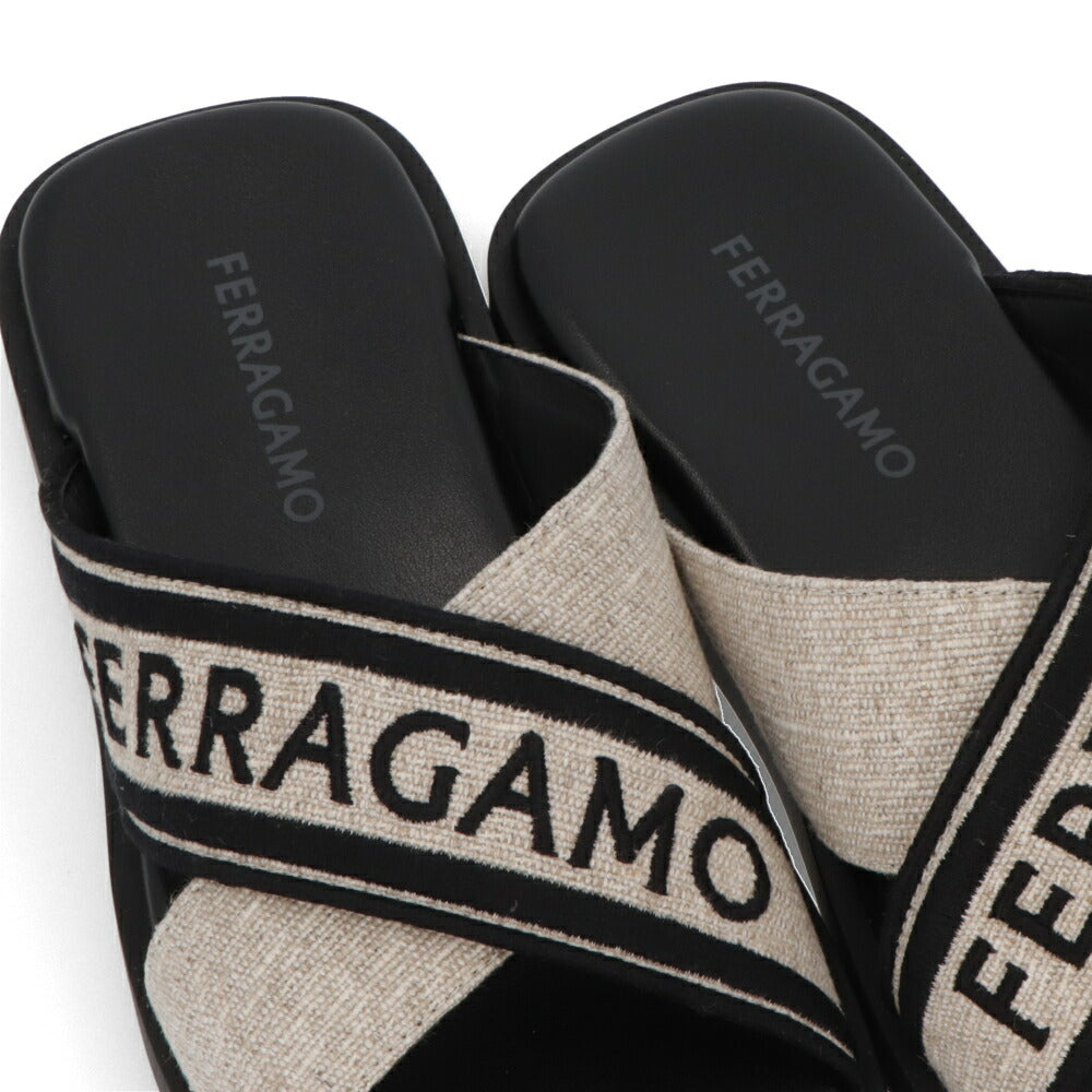 FERRAGAMO サンダル ブラック×ベージュ カーフスキン キャンバス クロスバンド フラット M CAIO 1 RES 773762