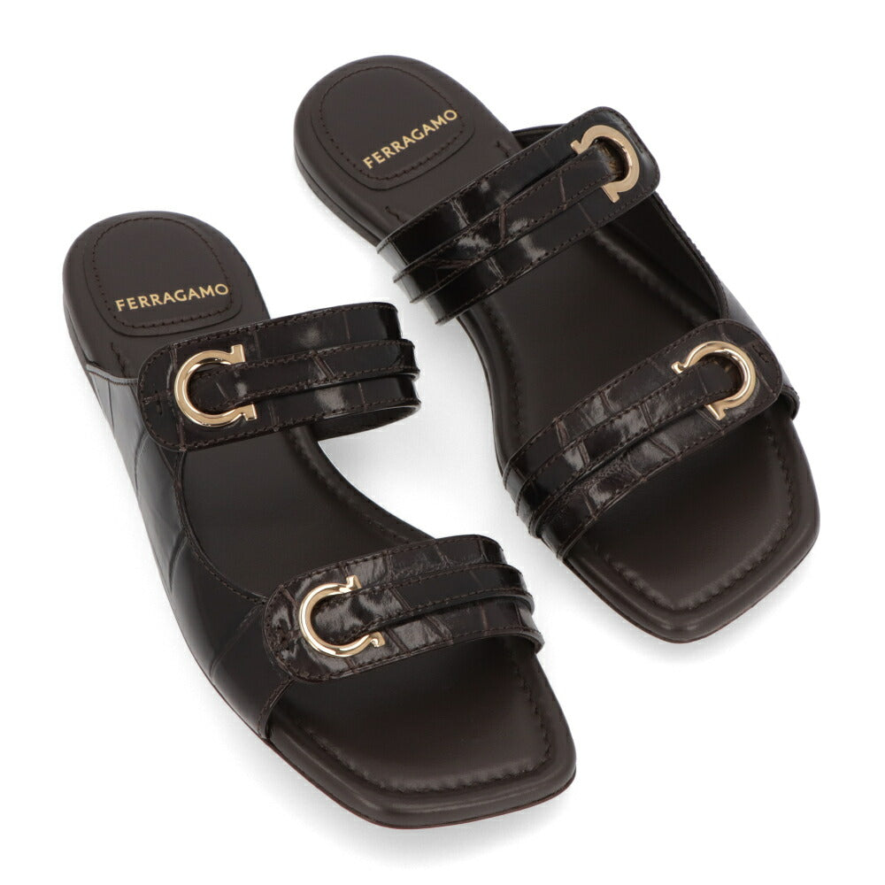 FERRAGAMO サンダル ダークブラウン レザー ミュール 型押し ガンチーニ フラット KATE 774580