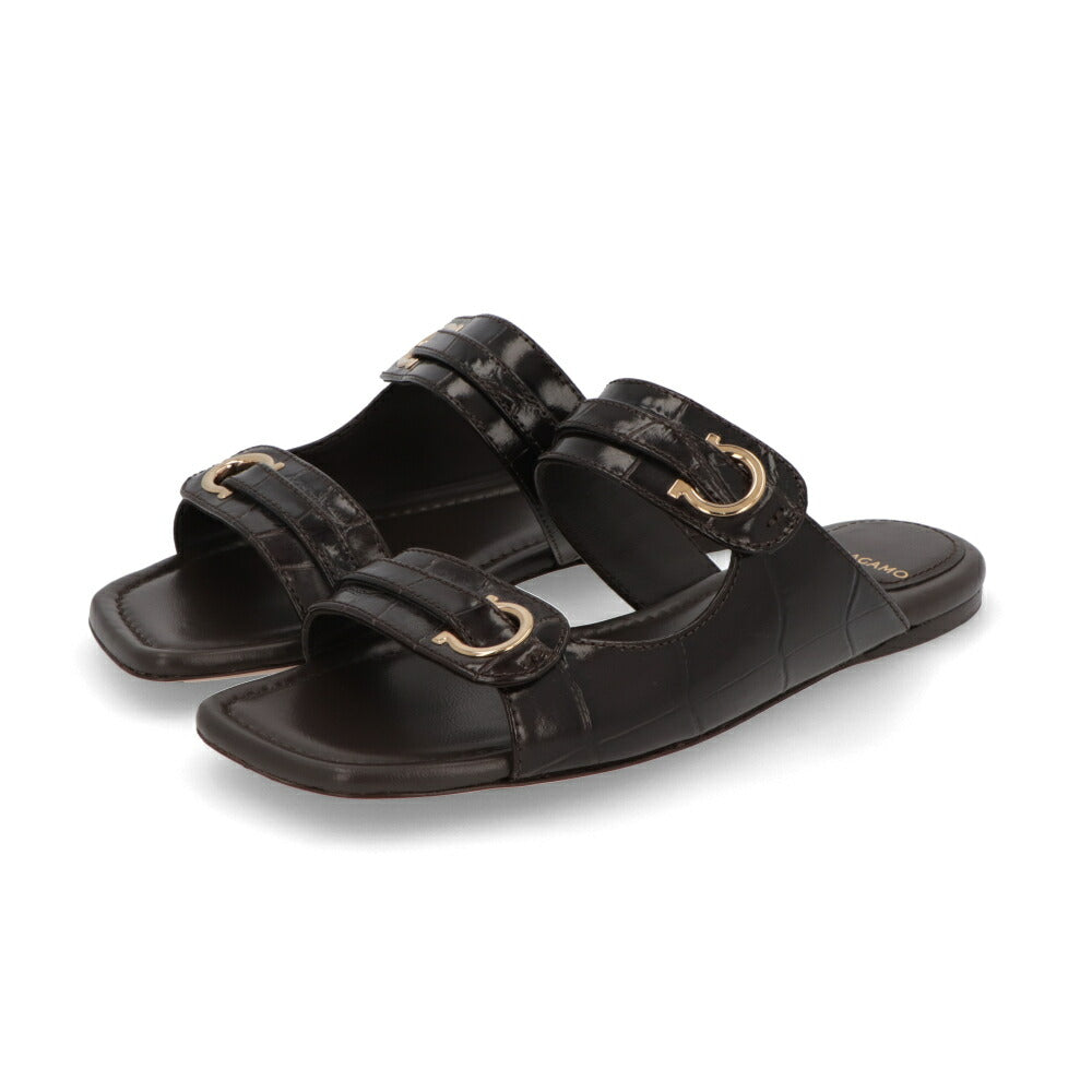 FERRAGAMO サンダル ダークブラウン レザー ミュール 型押し ガンチーニ フラット KATE 774580