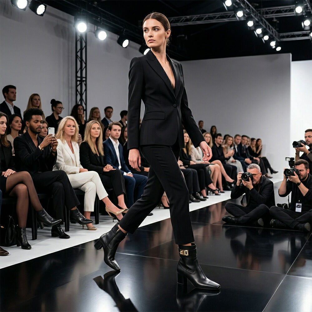 FERRAGAMO ブラック ガンチーニバックル アンクル丈 ポインテッドトゥ ショートブーツ ROL 60 775408