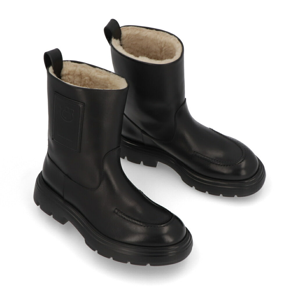 FERRAGAMO ブーツ ブラック カーフレザー ファーブーツ アンクルブーツ ショートブーツ TIRBA FUR 776772