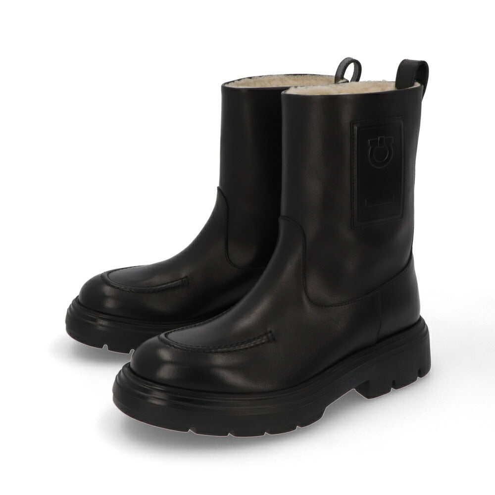 FERRAGAMO ブーツ ブラック カーフレザー ファーブーツ アンクルブーツ ショートブーツ TIRBA FUR 776772