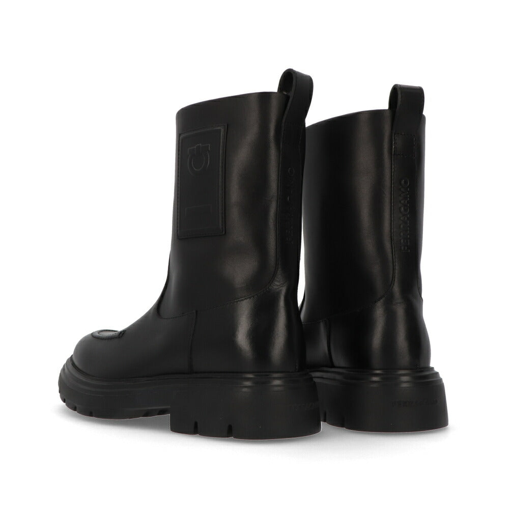 FERRAGAMO ブーツ ブラック カーフレザー ファーブーツ アンクルブーツ ショートブーツ TIRBA FUR 776772