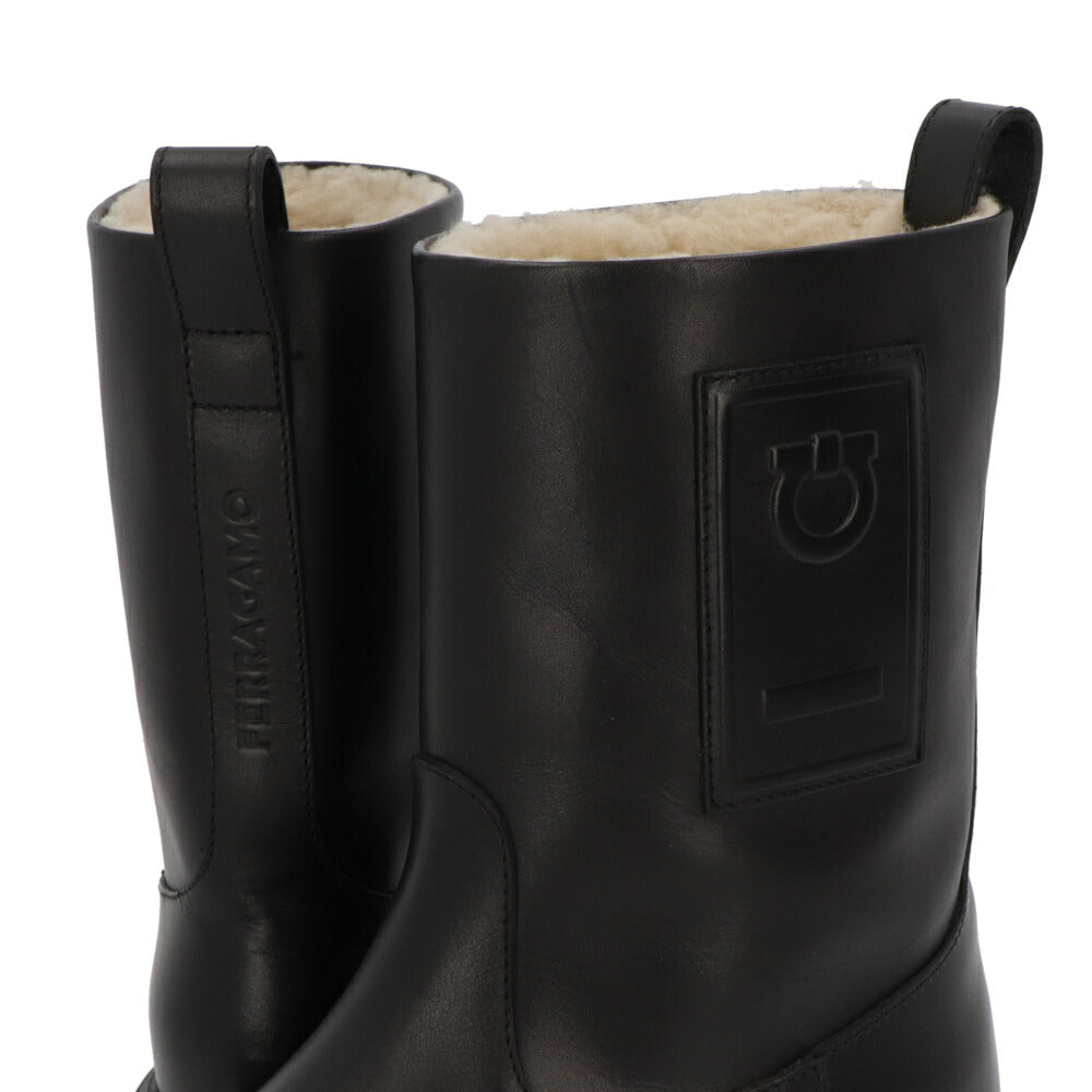 FERRAGAMO ブーツ ブラック カーフレザー ファーブーツ アンクルブーツ ショートブーツ TIRBA FUR 776772