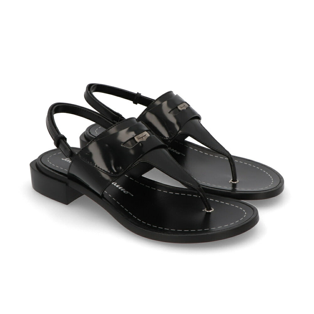 FERRAGAMO サンダル ブラック Tバー アンクルストラップ ガンチーニ 750978