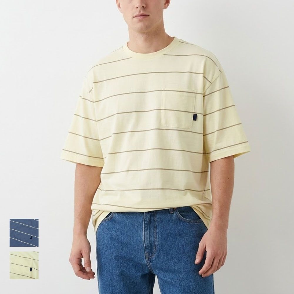 FILA Tシャツ ブルーグレー イエロー オーバーサイズ ボーダー 半袖 FS2RSE2104X
