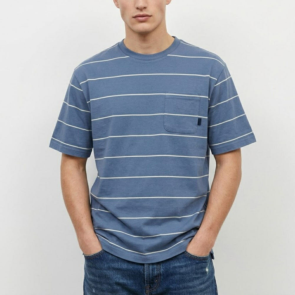 FILA Tシャツ ブルーグレー イエロー オーバーサイズ ボーダー 半袖 FS2RSE2104X