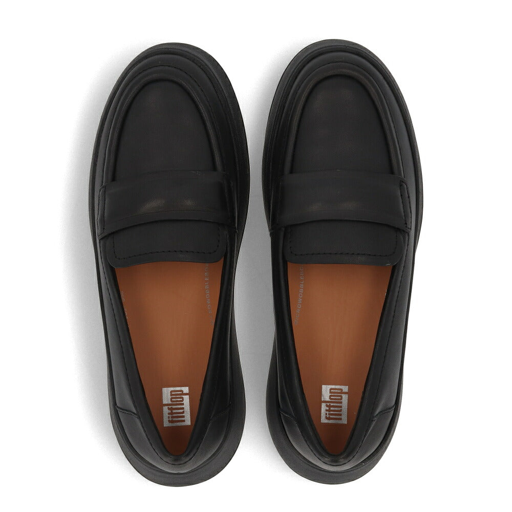 FITFLOP フィットフロップ レディース シューズ レザーシューズ F-MODE PADDED-DETAIL LEATHER FLATFORM LOAFERS ブラック レザー 厚底 シンプル ローファー HG3