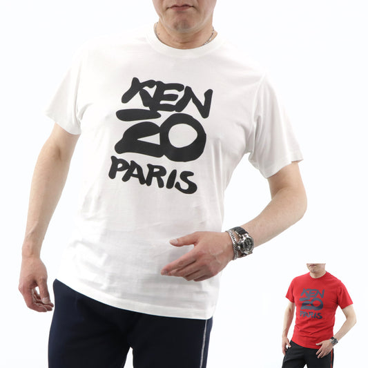 ケンゾー トップス Tシャツ カットソー 半袖 メンズ レッド ホワイト コットン クルーネック ロゴ FA55TS0184SA