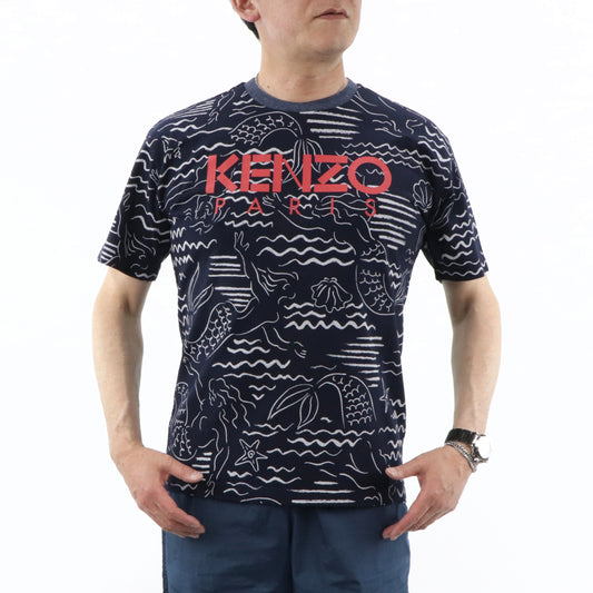 ケンゾー トップス Tシャツ カットソー 半袖 メンズ ネイビー 総柄 クルーネック ロゴ FA55TS0434SC 77