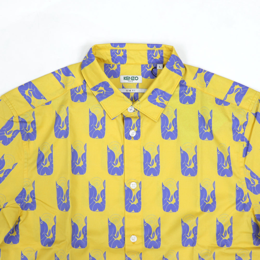 ケンゾー シャツ メンズ SLIM SS SHIRT イエロー コットン 開襟シャツ 半袖 ボタンダウン ポプリンシャツ グラフィック プリント FA55CH5201LJ 39