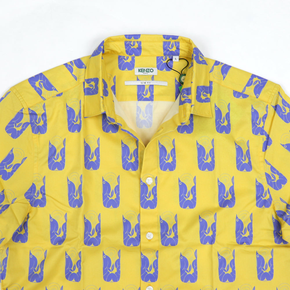 ケンゾー シャツ メンズ SLIM SS SHIRT イエロー コットン 開襟シャツ 半袖 ボタンダウン ポプリンシャツ グラフィック プリント FA55CH5201LJ 39