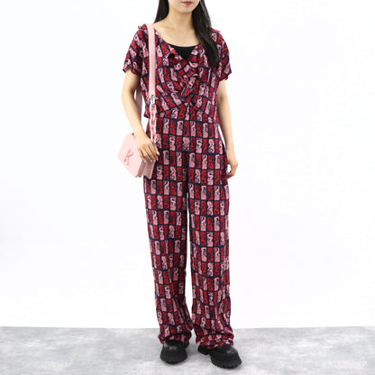 ケンゾー KENZO オールインワン レディース ネイビー シルク 薄手 Vネック 総柄 ボトムス パンツ 袖フレア